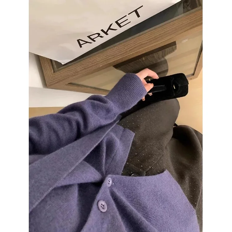 Lazy High Sense Фиолетовый вязаный свитер с v-образным вырезом и подвесным воротником