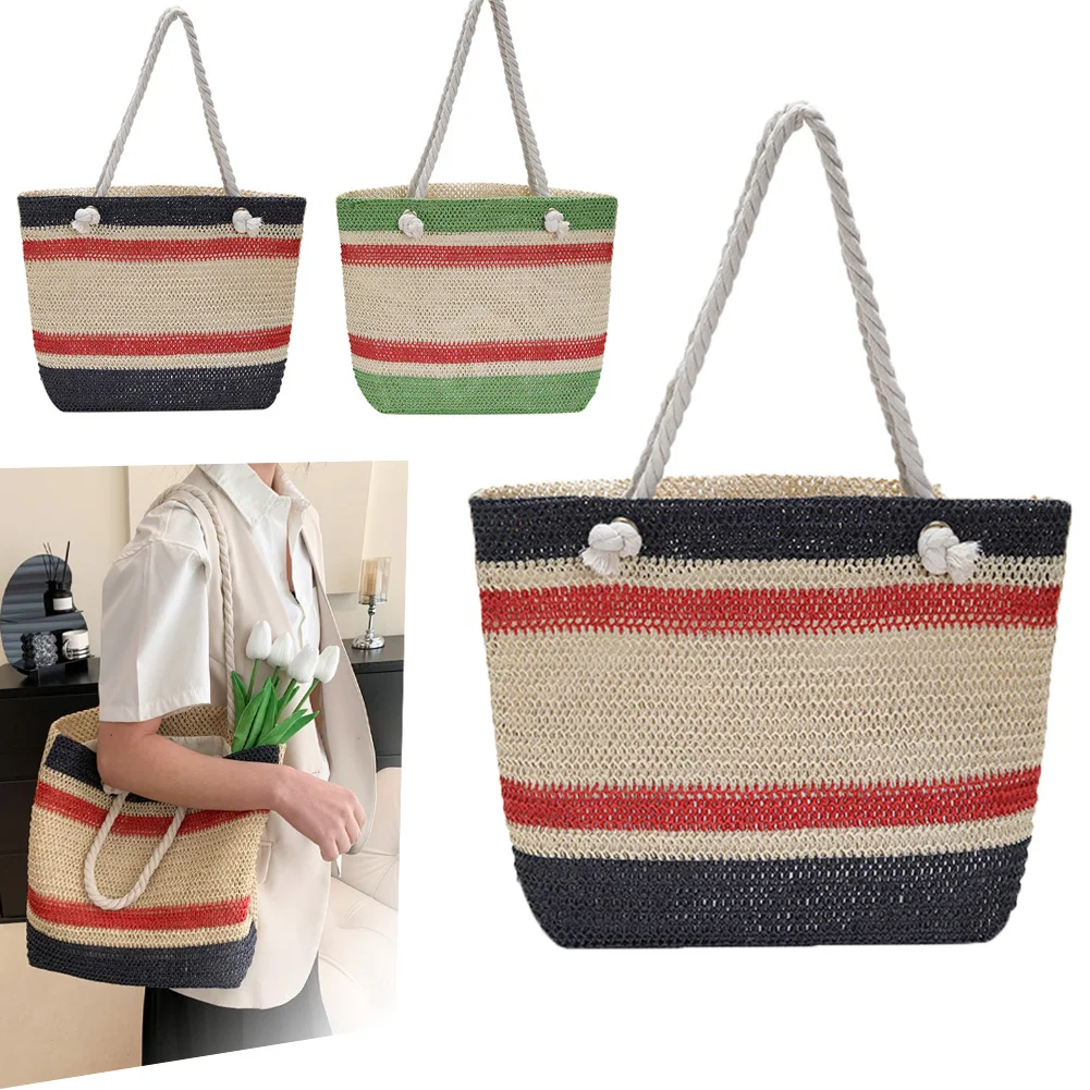 

Summer Hand-Woven Handbags Cotton Thread Ladies Woven Tote Fashion Cute Contrast Color Handmade Portable for Seaside Holiday