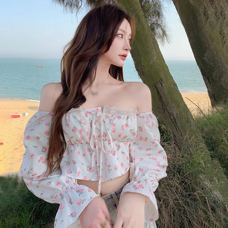 

Floral Printed Front Tie Tube Top Casual T Shirts Women's Off Shoulder Tops