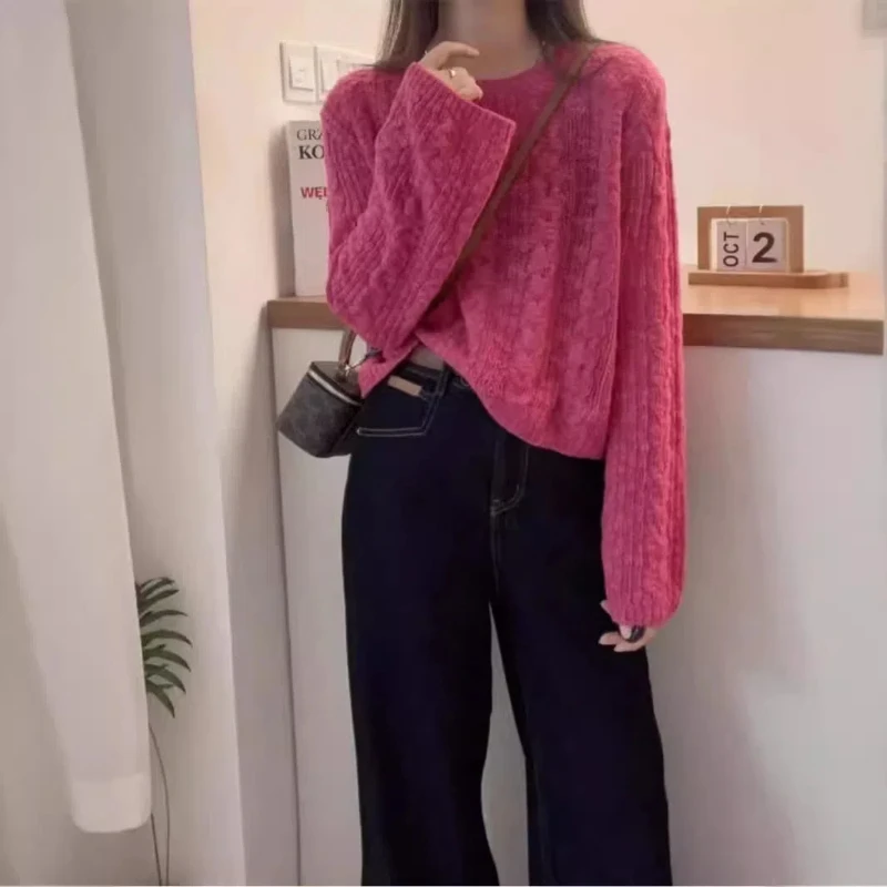 Весенне-осенний новый однотонный модный свитер с круглым вырезом и длинными