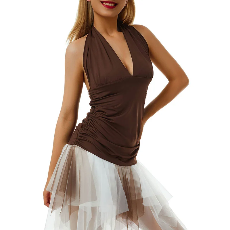 

Женское мини-платье с лямкой на шее, модное Клубное платье без рукавов, с открытой спиной и глубоким V-образным вырезом, Сетчатое коктейльное...