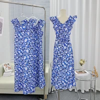 summer chic butterfly sleeve blue floral dress for women elegant v neck slim long dress lady sweet ruffle holiday vestidos