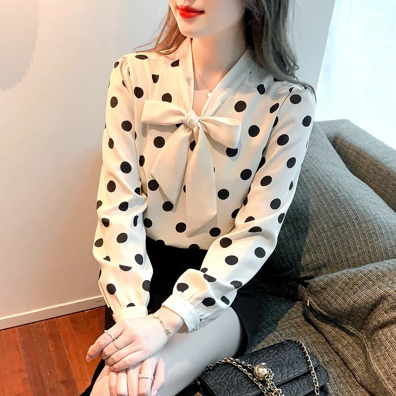 

Женская шифоновая рубашка в горошек, универсальная рубашка с длинным рукавом и бантом, весна-осень 2022