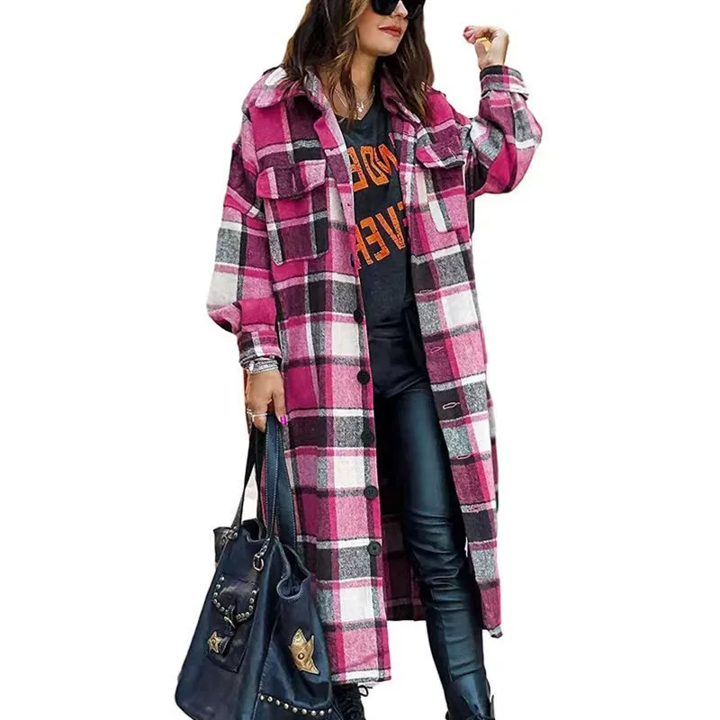 

Long Woolen Coats Women's Plaid Trench Coat S-XXL