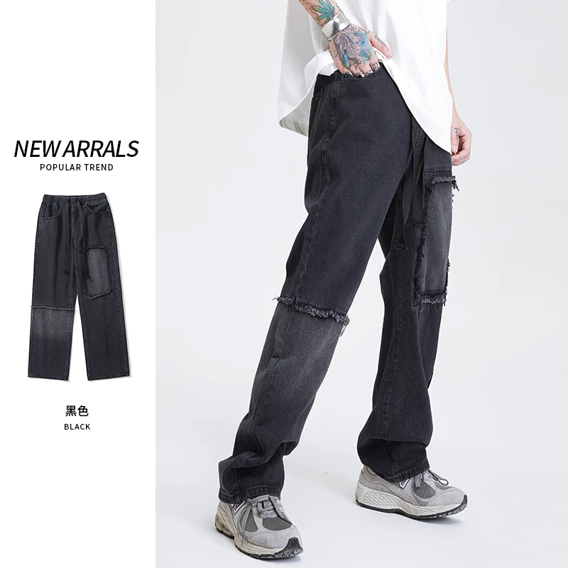 

2022 Summer American Hip-hop Straight Jeans Fashion Brand Stitching Beggar Embroidery Fashion Jeans Men