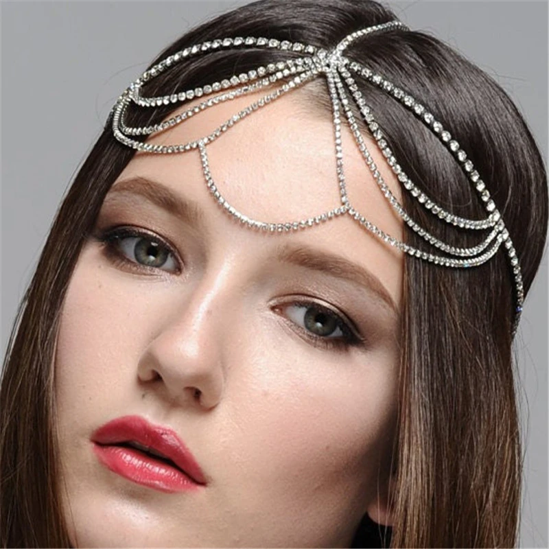 

Luxury Multilayer Rhinestone Brow Chain Boho Ladies Party Ball Sparkling Crystal Tassel Head Chain Hair Accessories Jewelry Gift