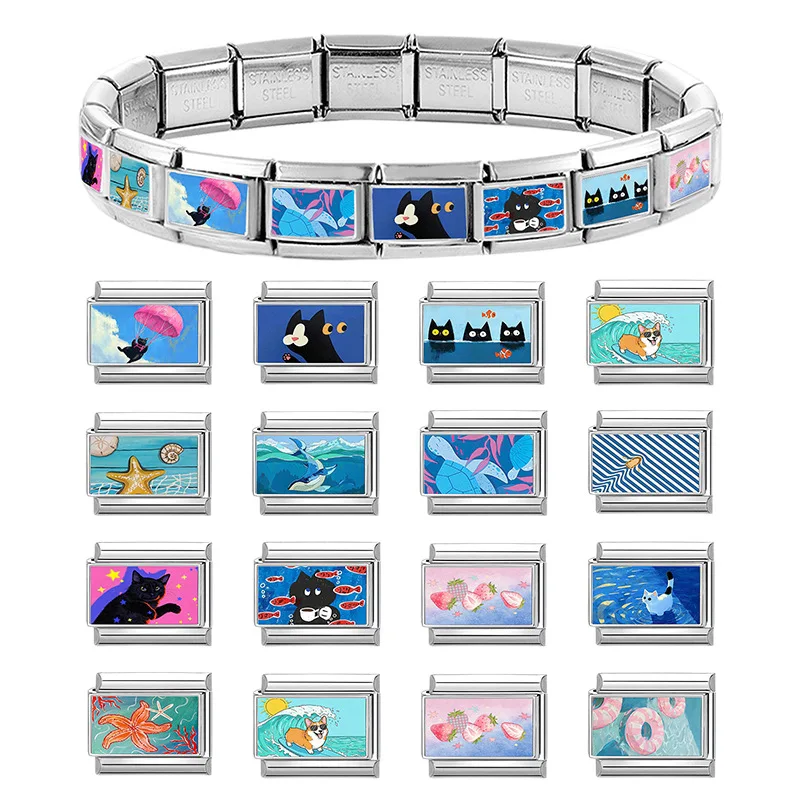 Фото Браслет Happylife Blue Sea с забавными фигурками кошки, собаки, черепахи и рыбок, персонализированный, итальянский шарм-браслет, подходит для браслетов 9 мм, из нержавеющей стали, ювелирное изделие. №1