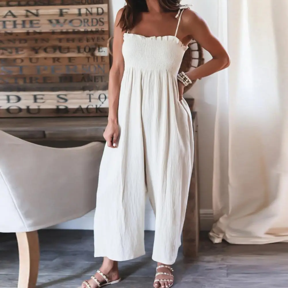 

Ruffle Trim Elastic Bandeau Wide Leg Pants Women Jumpsuit Summer Adjustable Spaghetti Strap Ruched Romper Ladies Outfit