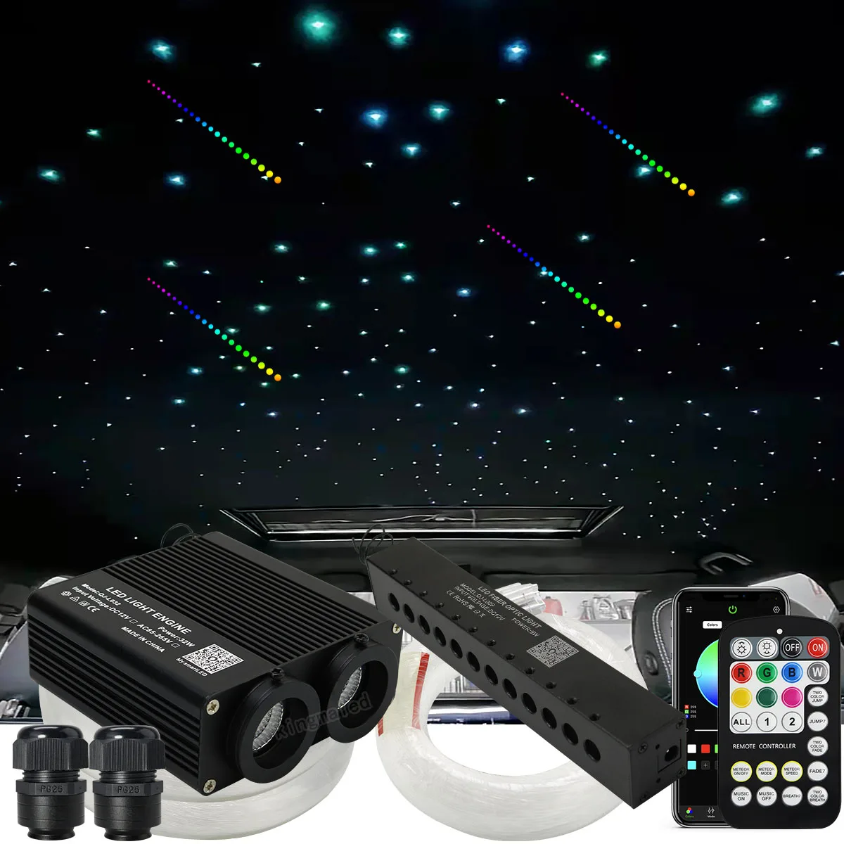 32W Dual port Fiber Optic Star Ceiling Kit with RGB Meteor effect APP Car Roof stars Fiber Optic for Starry Sky Car Ceiling