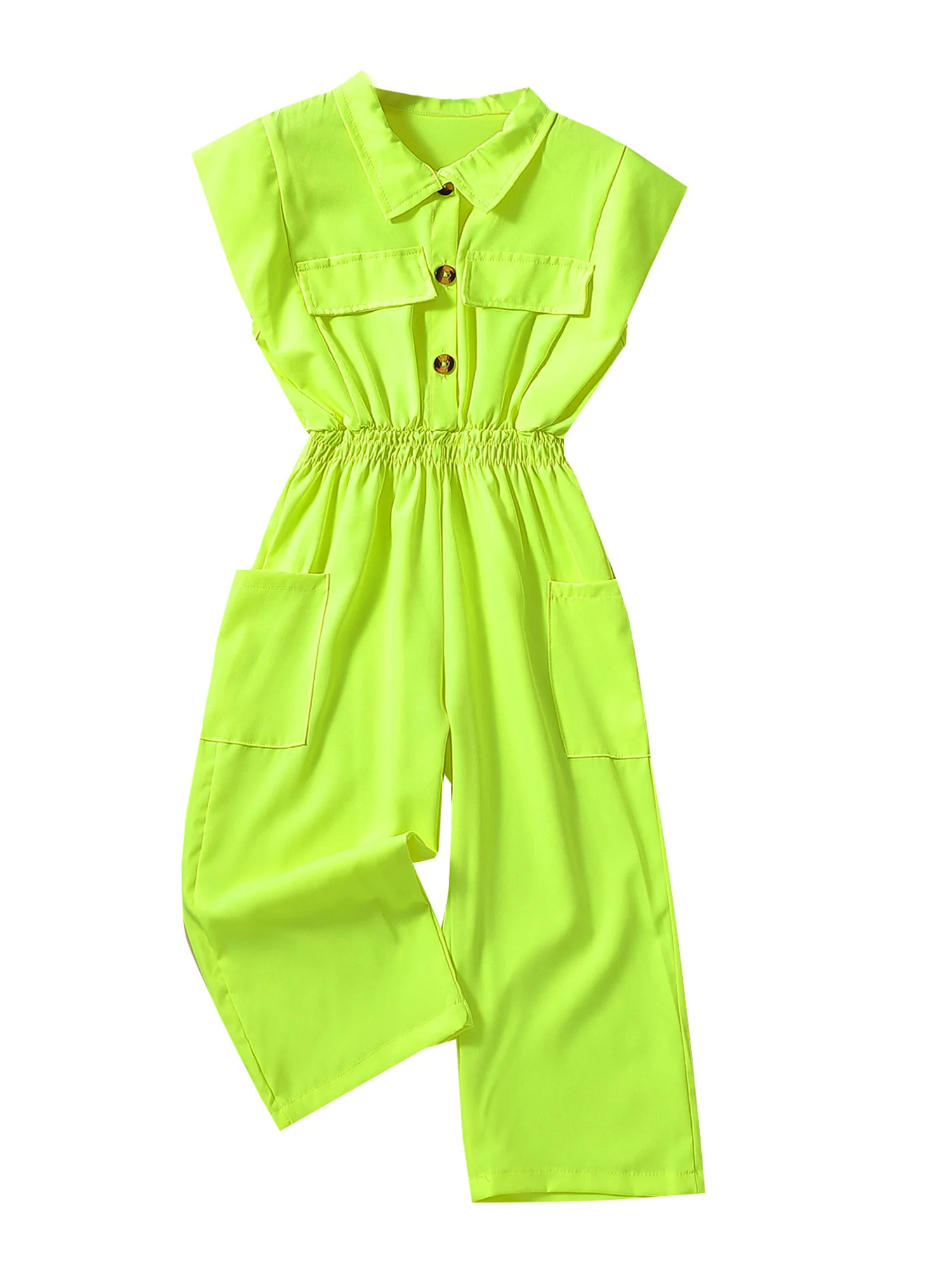 

Kids Girls Fluorescent Green Romper Overalls Summer Sleeveless Lapel Button Elastic Waist Long Jumpsuit