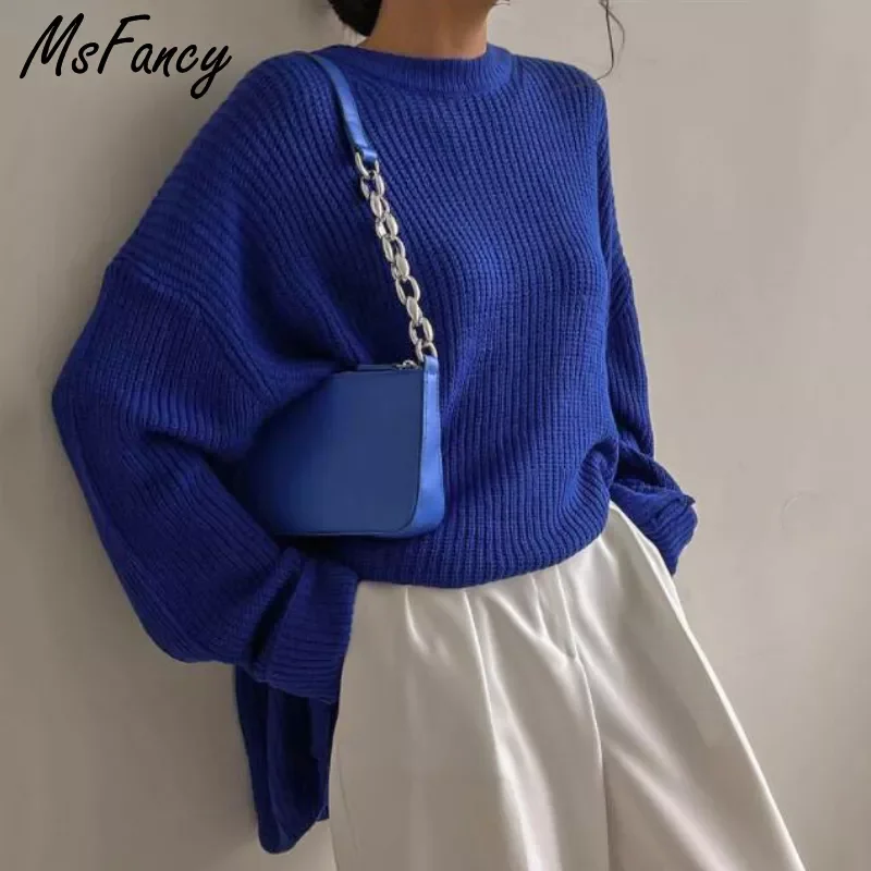 

Msfancy Blue Knitted Pullovers Women 2022 Korean Fashion O-neck Oversized Jersey Mujer Spring Long Sleeve Casual Tops