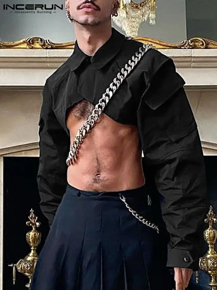 

Men Shirt 2022 Solid Color Lapel Long Sleeve Button Casual Crop Tops Men Streetwear Fashion Party Irregular Shirts S-5XL INCERUN