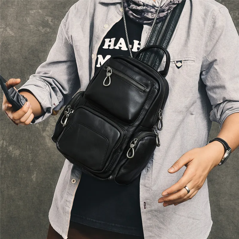 Fashion casual organizer genuine leather men's women multi-function small backpack designer soft cowhide female black chest bag