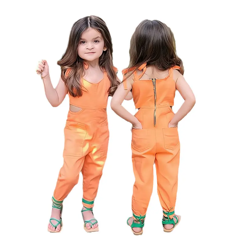 

Orange Children's Girl Jumpsuit Summer Clothes Sleeveless Girl Playsuit Hollowed Out Overalls For Kids Baby Girl Streetwear 1-8Y