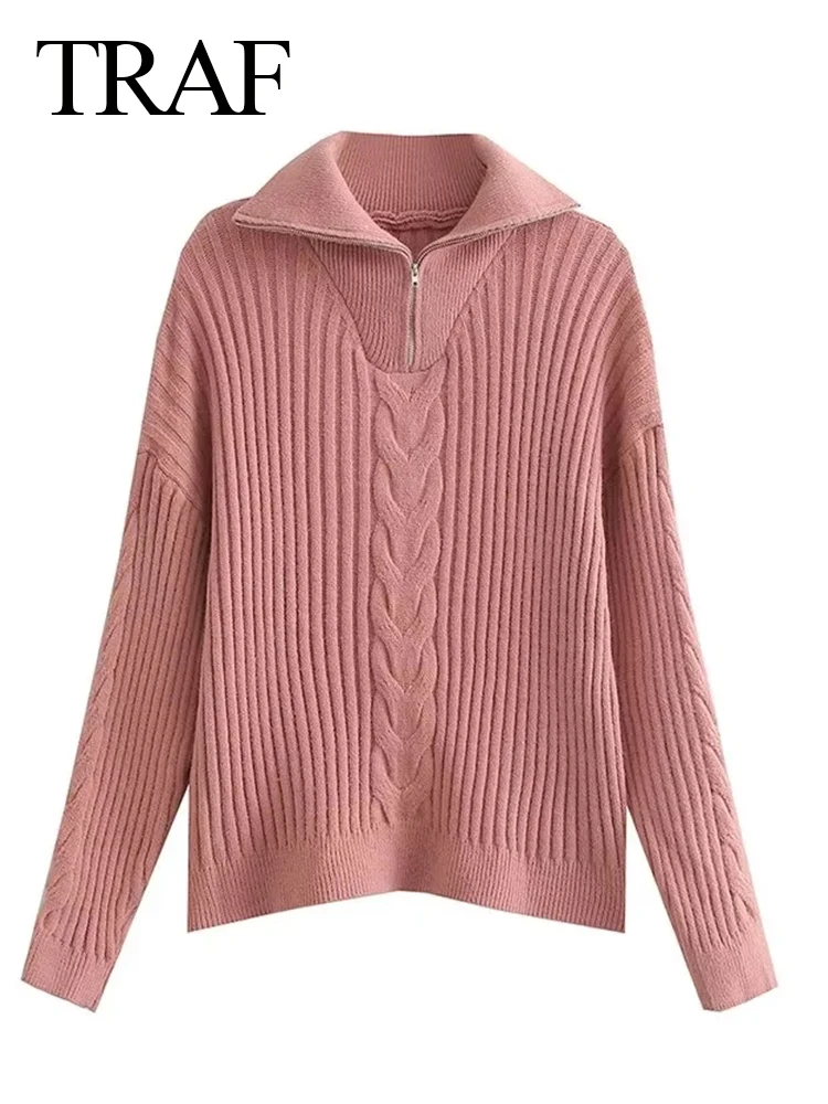 

Модный новый женский свитер TRAF, однотонный Розовый Повседневный универсальный свободный трикотажный топ на молнии с лацканами, Осень-зима