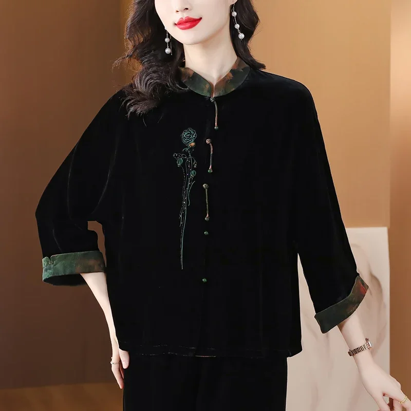 Женская бархатная рубашка с цветочной вышивкой элегантная повседневная