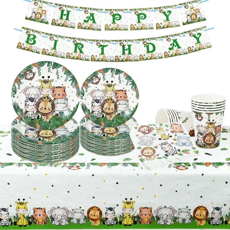 

Jungle Animal Disposable Tableware Set Wild One Woodland Safari 1st Birthday Party Decor Tablecloth Cup Plate Baby Shower Supply