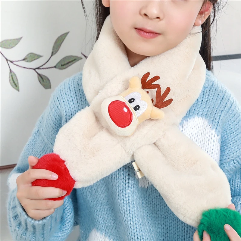 

Шарф для детей, рождественские милые шарфы на шею с оленем, зимний теплый шейный платок, мягкий удобный плюшевый шарф на шею с помпоном