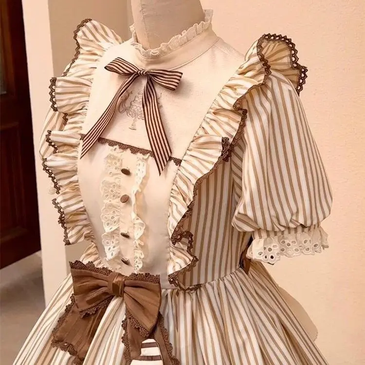 Фото Платье MAGOGO Lolita Daily Flower для женщин: милое, с бантом, в полоску, с короткими пышными рукавами, для вечеринок, в стиле принцессы №2