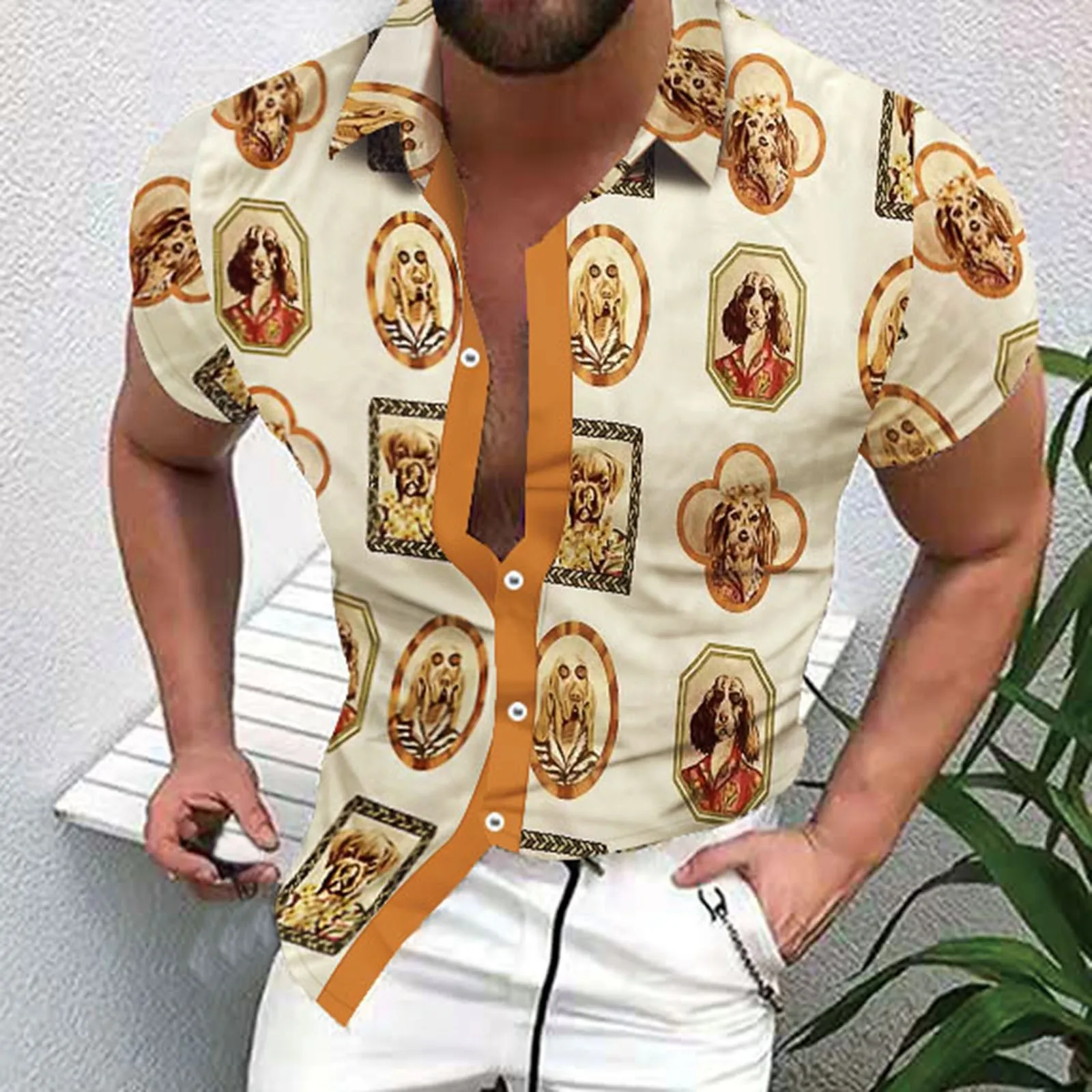 

Button down Blouse Men Spring And Summer Print Casual Lapel Single Breasted Beach Vacation Outdoor Button down Blouse Casual Top