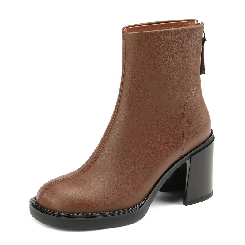 

Женские кожаные ботильоны на молнии, черные или Бежевые ботинки на толстом высоком каблуке, обувь для верховой езды, Осень-зима