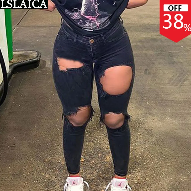 

Сексуальные супер эластичные джинсы, модные рваные узкие джинсы для девочек-подростков, черные джинсовые брюки-карандаш с высокой талией, П...