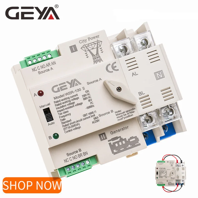 Новый GEYA W2R ATS 2 фазный автоматический переключатель передачи непрерывного Мощность контроллер переключатели 63A 100A 110V 220 провода в подарок Новый GEYA W2R ATS 2 фазный автоматический переключатель передачи непрерывного Мощность контроллер переключатели 63A 100A 110V 220 провода в подарок