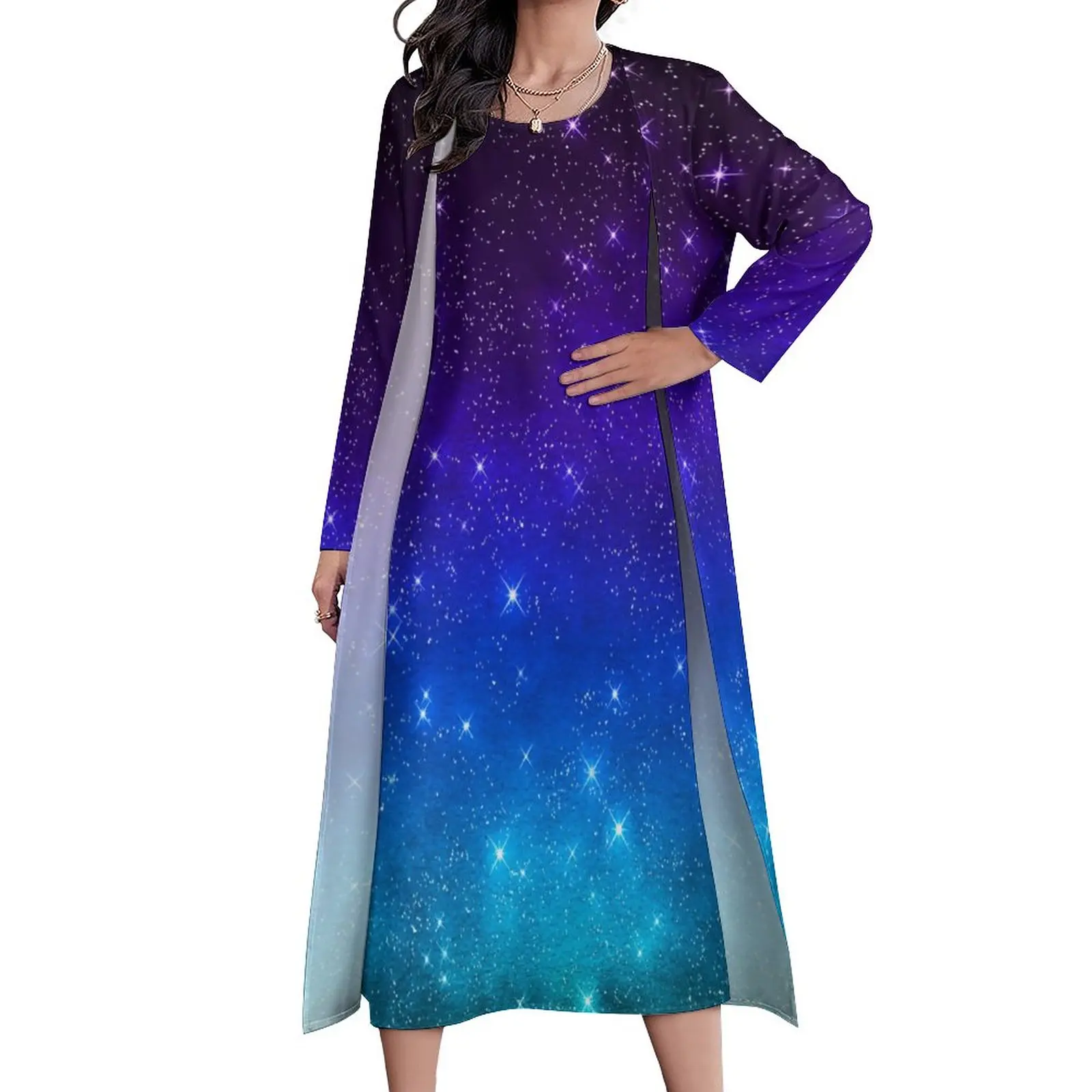 

Платье-макси с длинным рукавом и рисунком звездного неба