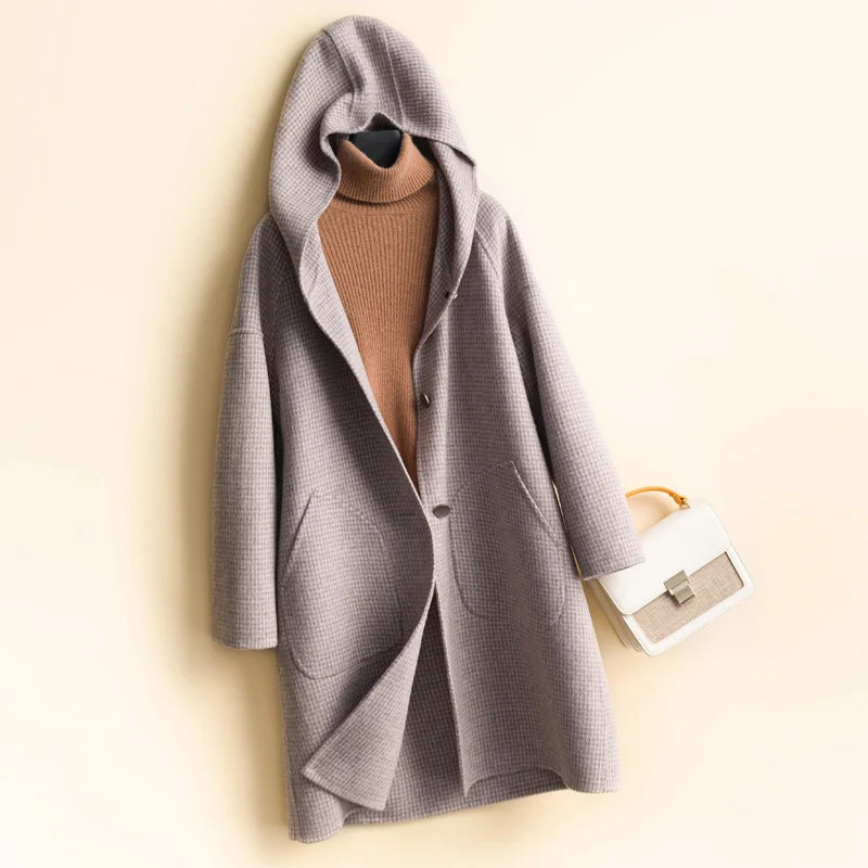 

Winter Autumn Fashion Slim Mid Long Hooded Double Sided Plaid Coat Women Outwear Houndstooth Big Pocket Wool Jacket Female