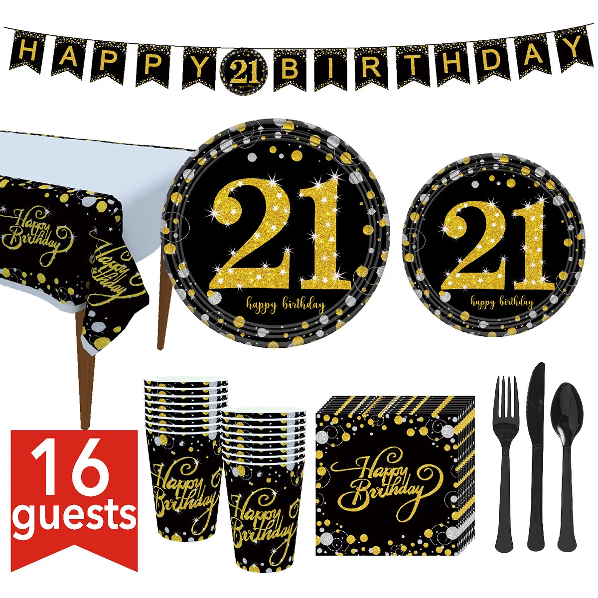

21st Birthday Party Supplies Tableware Set Plates Cups Napkins Banner Tablecloth Fork Knife Spoon, Serves 16