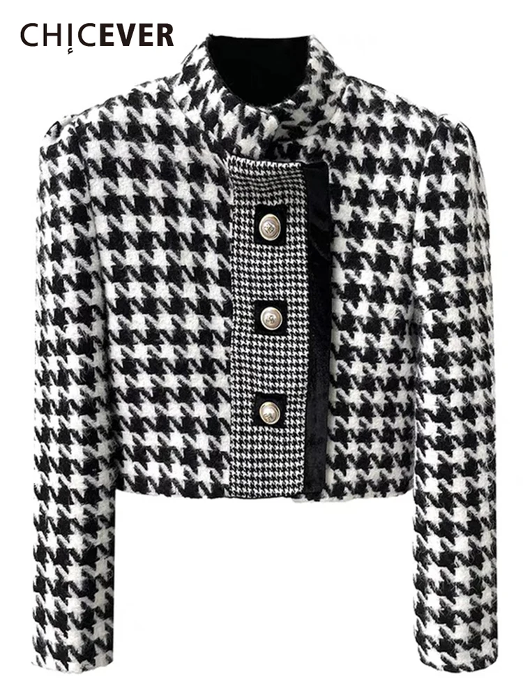 

CHICEVER Gingham Colorblock Jacket For Women Stand Collar Long Sleeve Casual Jackets Female Korean Fashion Clothing Style 2022