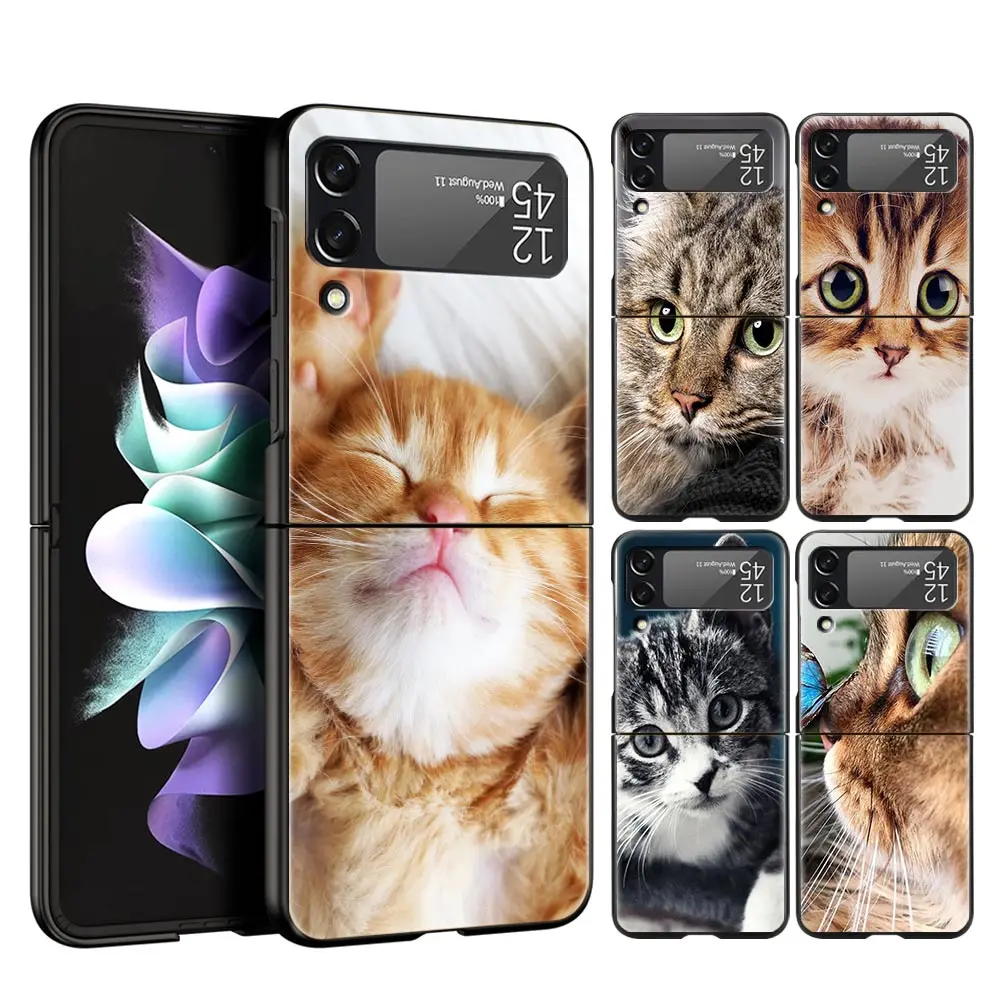 

For Samsung Galaxy Z Flip 3 4 5G Hard Black Folding PC Phone Case Cute Cats Background For Samsung Z Flip3 Cover Protect Shell