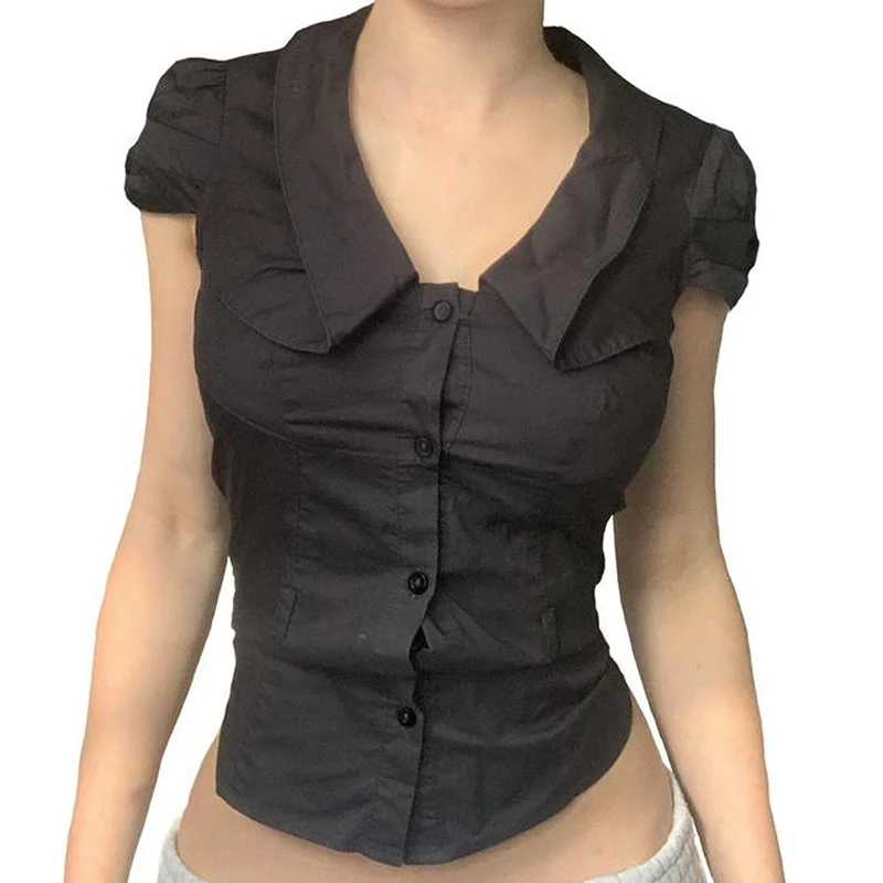 Модная шикарная тонкая черная женская блузка Darlingaga укороченный топ на пуговицах