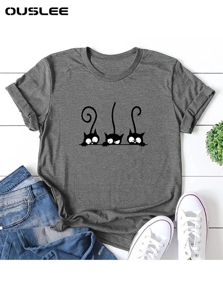 

Летняя футболка OUSLEE Kawaii, футболка с принтом милого кота, 100% хлопок, женская футболка с круглым вырезом, футболки с коротким рукавом, женская ...