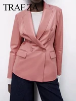 traf za elegant pink fashion straight fit commuter slim suit light soft leather neutral simple premium formal dress suit new