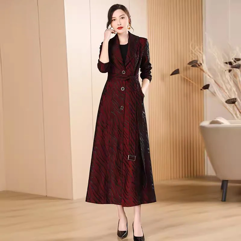 

New Women Burgundy Striped Overcoat Spring Autumn Fashion Turn-down Collar Belt Slim Trench Coat Elegant Casual Long Outerwear