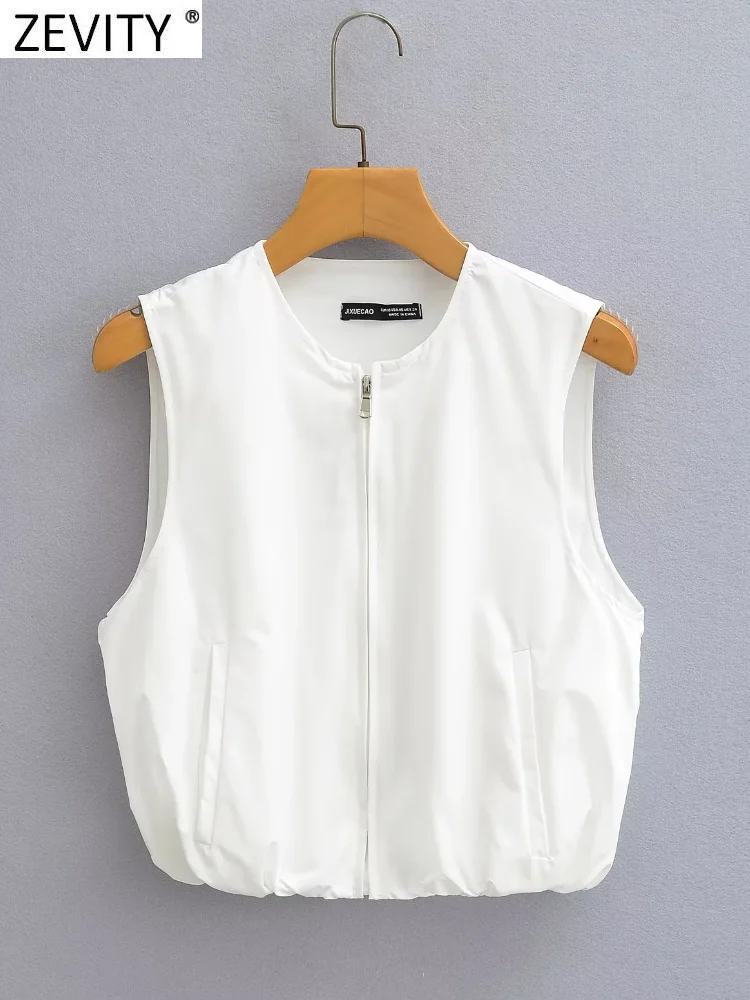 Zevity Women Basic O Neck Solid Color Hem Elastic Slim Blouse Female Chic Sleeveless Zipper Vest Shirt Blusas Crop Tops LS7180