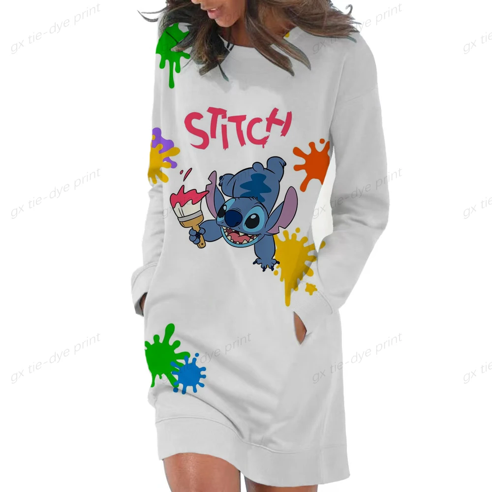 

New Ladies Hoodie Disney Christmas Gift Lilo & Stitch Cartoon Autumn Women Fashion Crew Neck Lengthening Hoodie Hoodie Dress