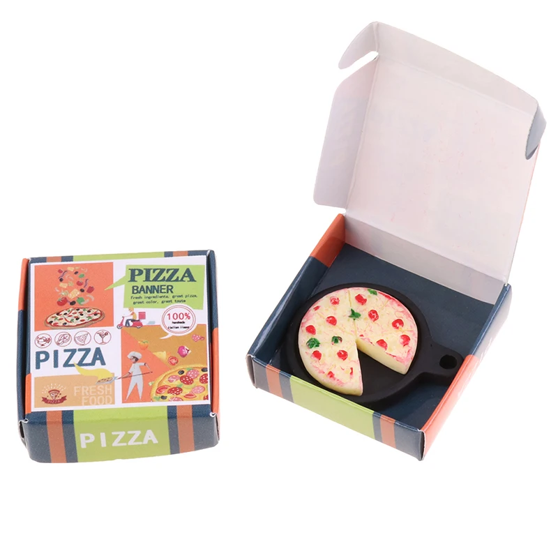 

1Set 1/12 Dollhouse Miniature Pizza w/Plate Paper Box Modle Toy Simulation Resin Pizza Food Kitchen Doll House Decor Accessories