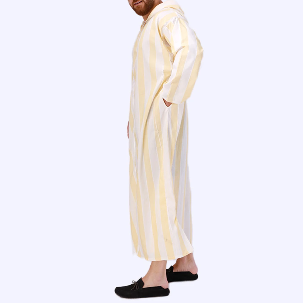 New Muslim Striped Long Hooded Nightgown Men's Middle Eastern National Dress Robe Costume Arab Islamic Long-sleeved Top Clothing