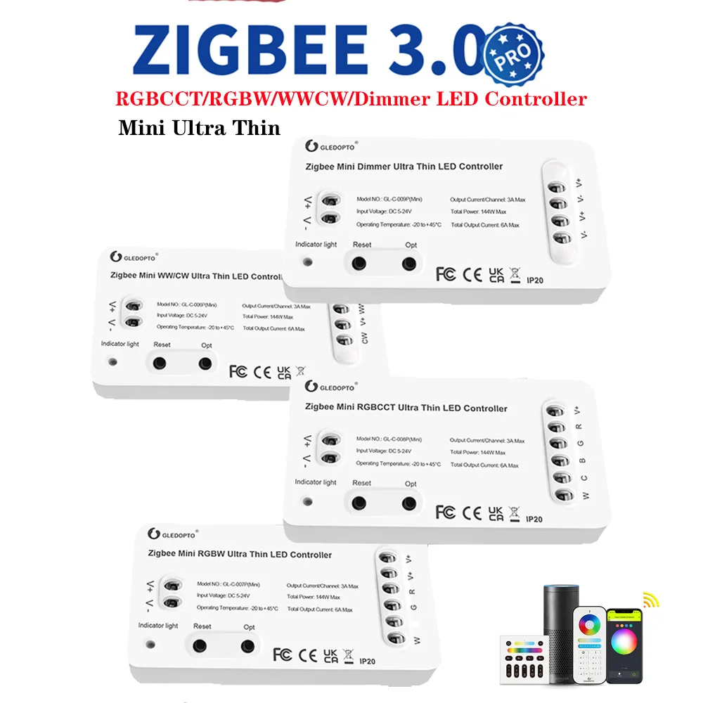 Gledopto Zigbee 3.0 Ultra Thin Mini RGBCCT WWCW LED Light Strip Controller