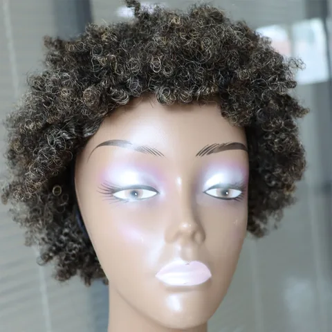 Серый смешанный человеческий волос Virgin Remy Короткий афро-кудрявый машинный парик 6 дюймов Короткий вьющийся парик с полной головой Машинный серый парик из человеческих волос