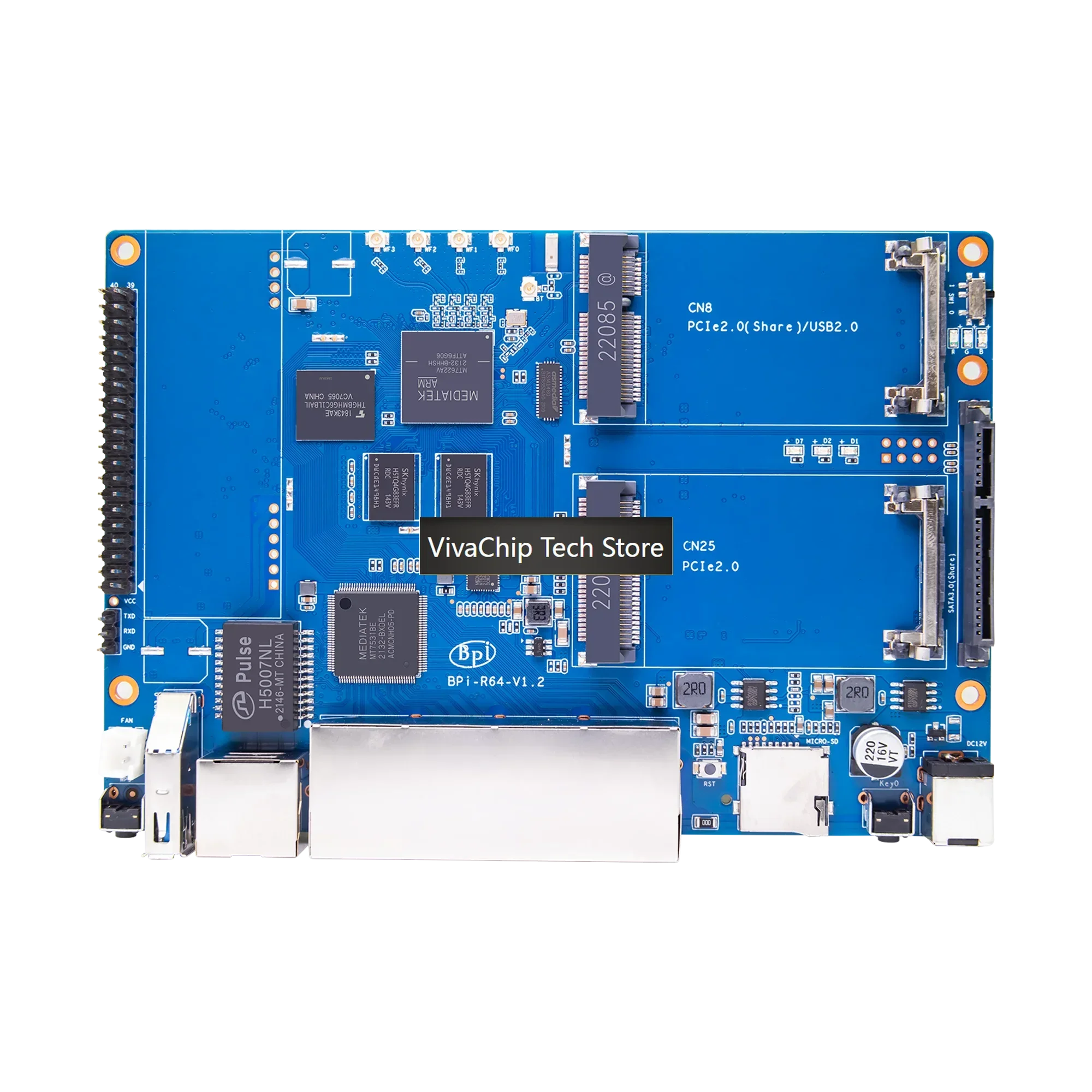 Фото VivaChip TechBanana PI BPI-R64 с модулем MT7615, металлический корпус R64, MediaTek MT7622, 8 ГБ EMMC Flash, 1 ГБ DDR3, поддержка Wi-Fi, Bluetooth, PO №2