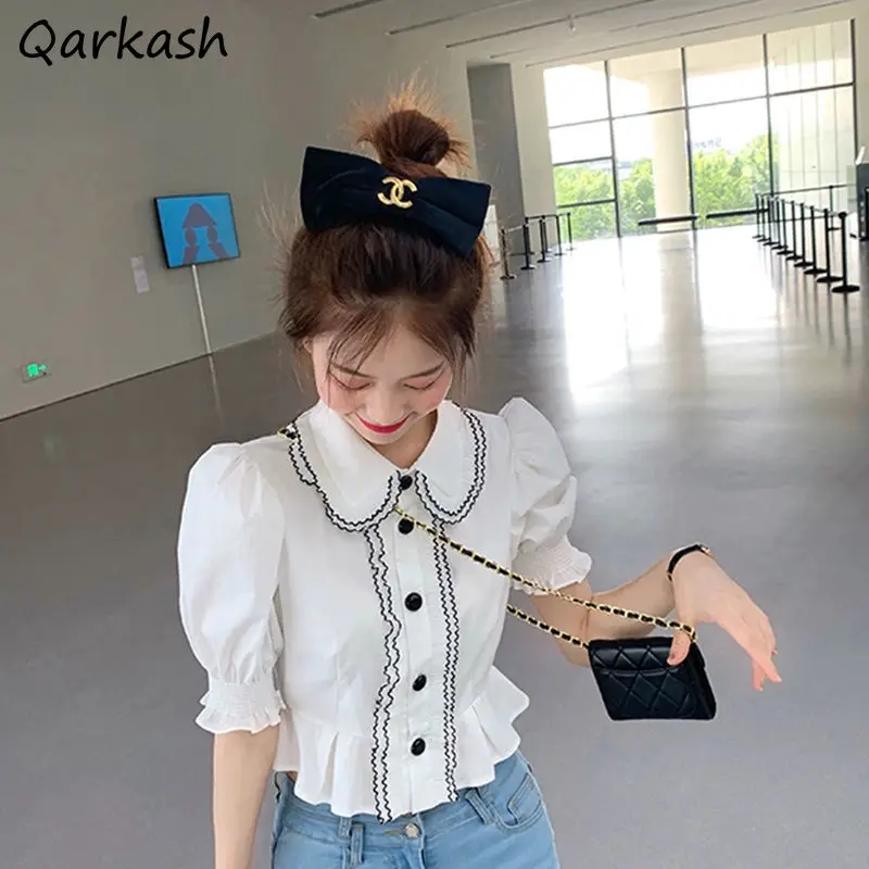 

Peter Pan Collar Shirts Women Ruffles Summer Crop Tops Tender Preppy Style Sweet Cute Female Girlish New Arrival Harajuku Korean