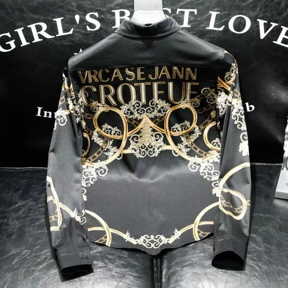 2022 men's autumn Korean fashion slim long sleeve shirt fashion personality printing large size cardigan shirt