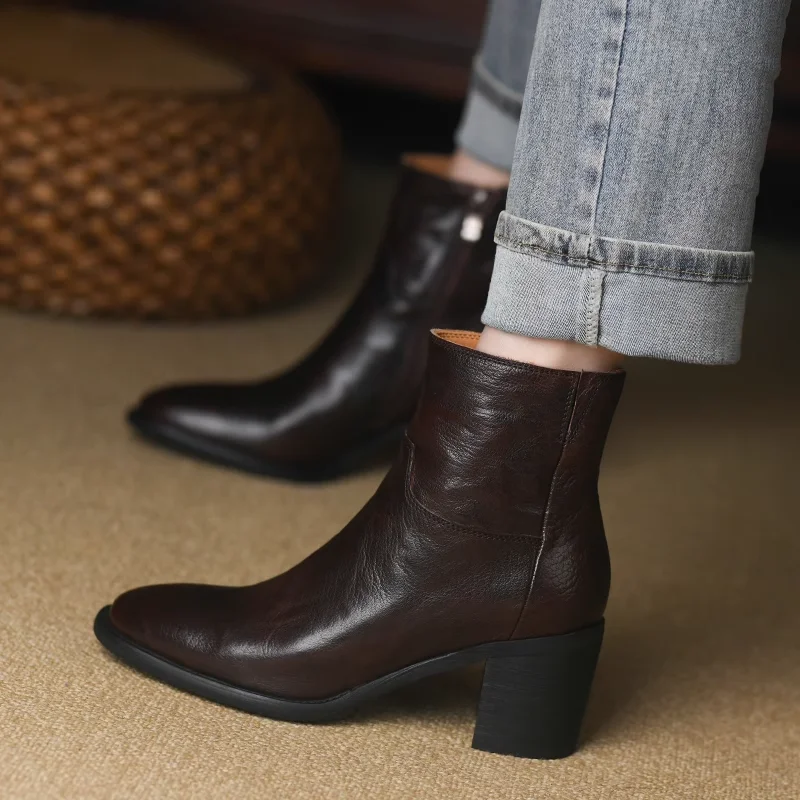 Ботильоны женские на высоком толстом каблуке выразительная обувь из воловьей