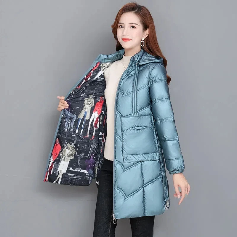 Parkas Women Large Size Long Disposable Shiny Down Cotton Jacket Female 2022 Autumn Winter New Hooded Warm Slim Padded Coat