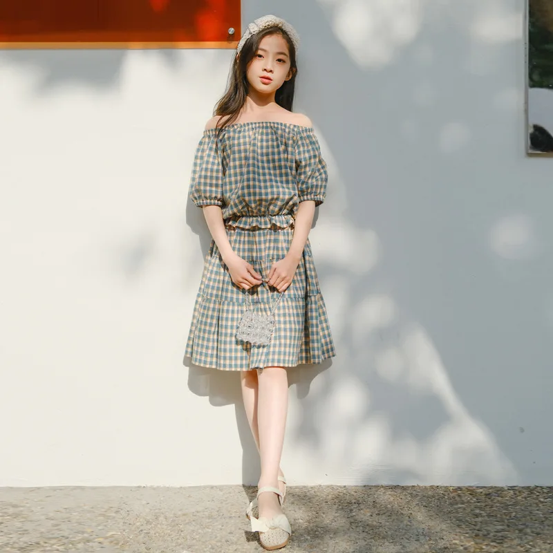 

Girls Clothing Kit 2022 Xiahan Children's Clothing Casual Style Two-piece One-Shoulder Plaid Skirt Girls Designer Clothes