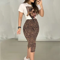 two peice set for women casual o neck t shirtamp skirt set fashion leopard print office women set elegance skinny ropa femenina