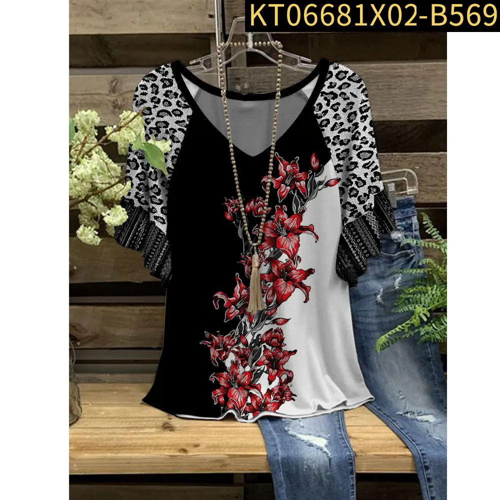 

Женская футболка с цветочным принтом, V-образным вырезом